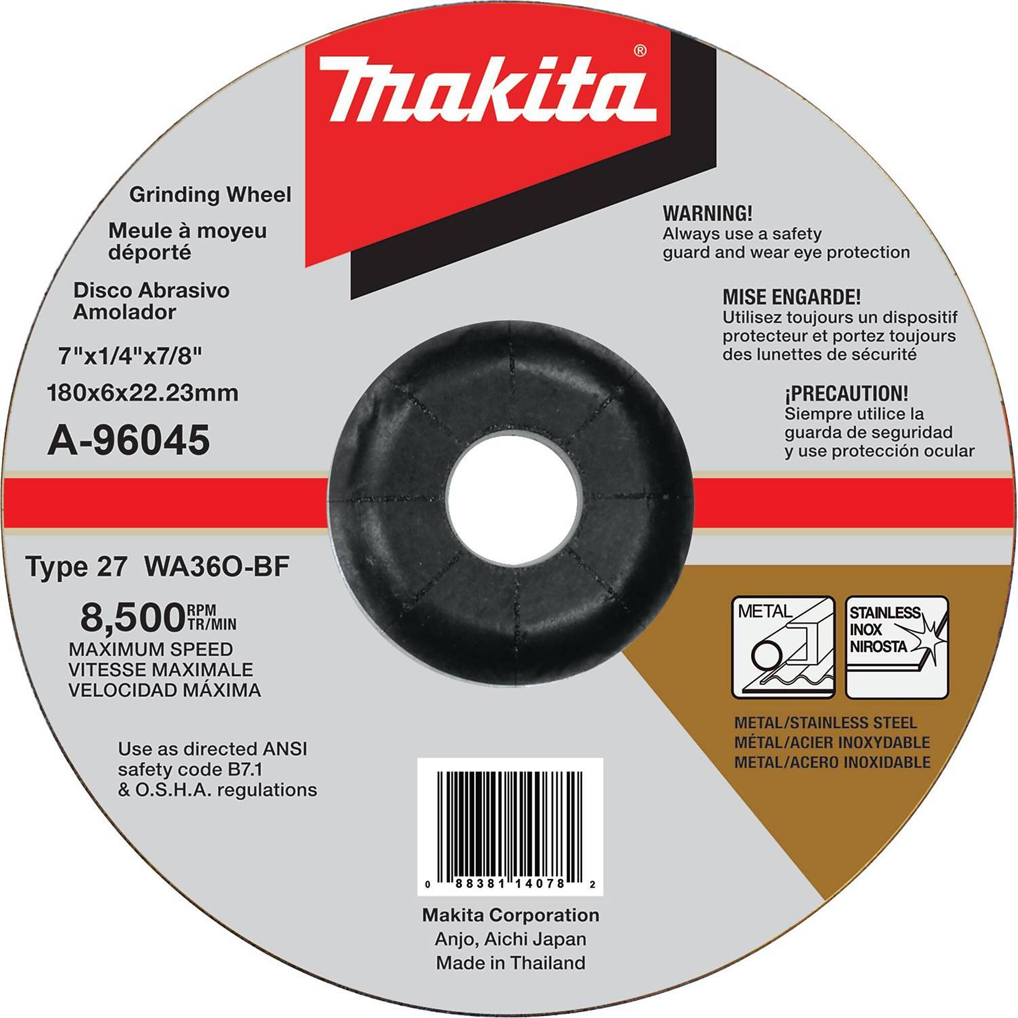 Makita® 7" x 1/4" x 7/8" INOX Grinding Wheel, 36 Grit, 10/pk, Model# A-96045-10